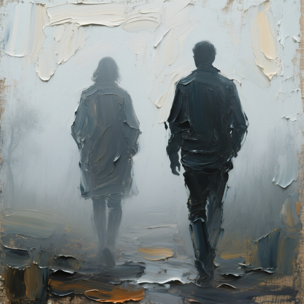 Two abstract human silhouettes walking through thick fog, rendered with heavy impasto texture, carved paint ridges, and palette knife sculpted strokes, using thick layered acrylic paint. The distressed canvas texture adds depth and character to the scene. The photorealistic style captures the intricate details of the fog, creating a sense of mystery and depth. The silhouettes are depicted with clean, sharp lines against the soft, blurred background, emphasizing their forms amidst the misty environment. The overall composition is balanced, with the silhouettes positioned centrally to draw the viewer's attention. The use of muted yet rich colors enhances the atmospheric quality, evoking a sense of quiet contemplation and introspection., Ultra HD, 4K, cinematic composition