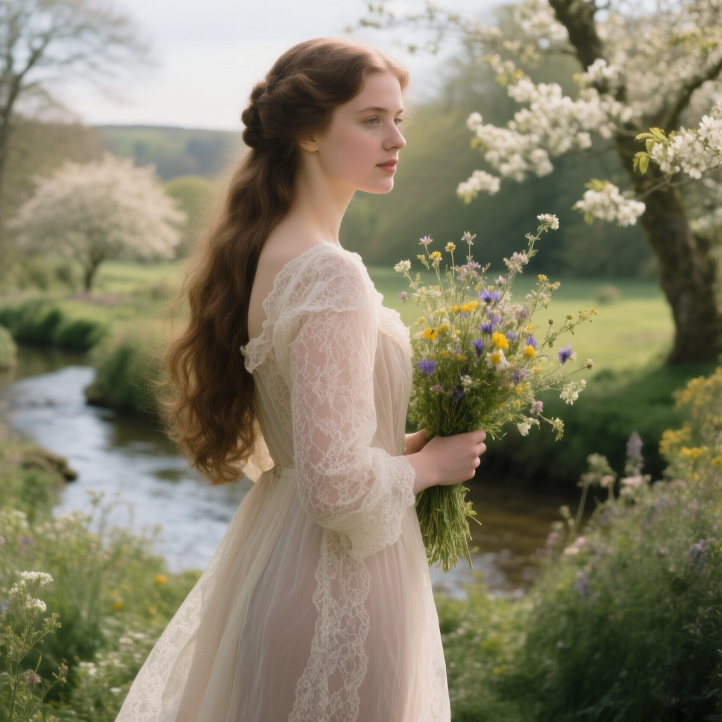 Ultra realistic portrait of a young woman with long wavy light brown hair styled in a half-braided crown, wearing a vintage off-shoulder white lace dress, holding a wildflower bouquet, standing beside a small flowing river in a lush green countryside, soft natural spring lighting, shallow depth of field, cinematic photography, 85mm lens, pastel color tones, soft focus background, highly detailed skin texture, realistic fabric texture, 4K
