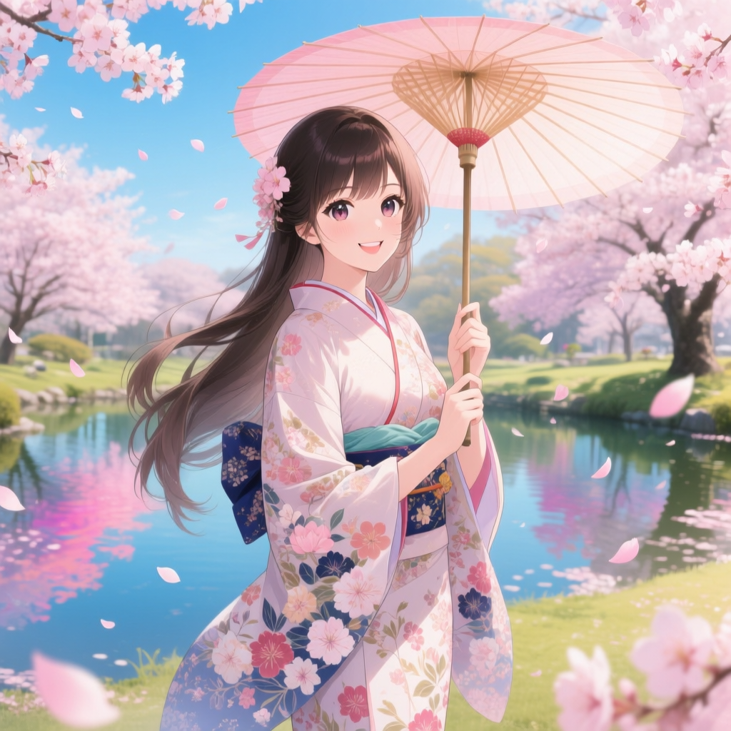 Beautiful anime girl with long flowing dark brown hair, large expressive eyes, smiling softly, wearing a traditional light pink floral kimono with blue obi, holding a pink Japanese paper umbrella (wagasa), standing beside a calm reflective lake, cherry blossom trees in full bloom, pink sakura petals falling in the air, bright blue sky, vibrant spring lighting, soft glow, detailed anime style, ultra clean lineart, high saturation, depth of field, 4K quality