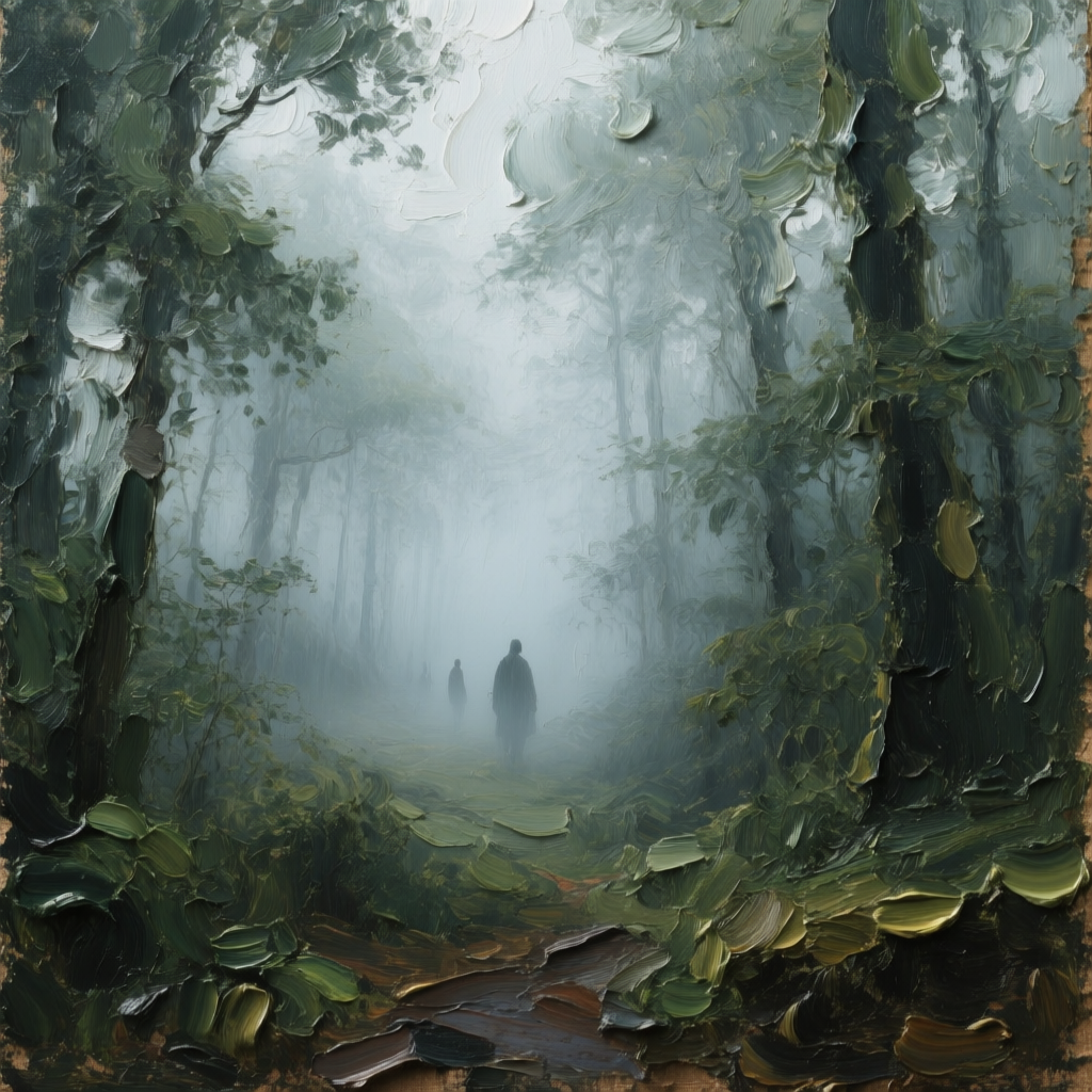 A dense forest blanketed by a thick layer of rolling mist, creating an ethereal atmosphere where faint human silhouettes barely emerge from the foliage. The scene is painted in a heavy impasto style, featuring thick, layered acrylic textures achieved through palette knife carving and rough sculpted brushstrokes. The worn canvas texture adds depth and character, enhancing the sense of age and history. The cinematic composition emphasizes the interplay of light and shadow, with the mist adding a dreamy, almost otherworldly quality. The entire scene is rendered in Ultra HD 4K resolution, with ultra-detailed, high-quality photorealistic imagery that captures every intricate detail of the forest and the subtle movements of the mist., Ultra HD, 4K, cinematic composition